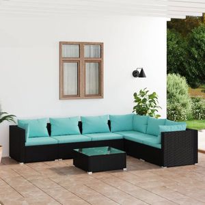 The Living Store Loungeset - PE-rattan - Zwart - 70 x 70 x 60.5 cm - Water Blauwe kussens