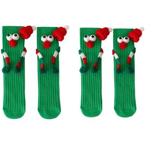 2 paar kerstsokken met handjes vasthouden voor kinderen - Kids' Crazy Socks - Christmas Holding Hands Mid-Calf sokken - Winterwarme sokken - Groen