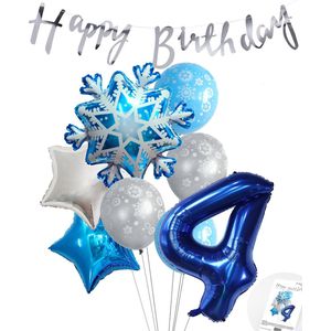 Cijferballon 4 Blauw - Frozen - Ijssterren - Ballonnen Pluspakket - Slinger Feestvieren - Verjaardag Snoes