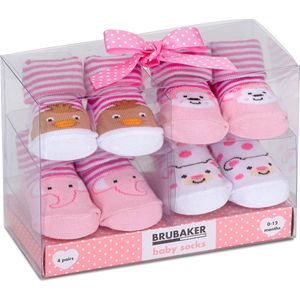 BRUBAKER 4 Paar Babysokken voor Meisjes 0-12 Maanden - Babyshower - Cadeau - Baby Geschenkset voor Pasgeborenen in Geschenkverpakking met Strik - Dieren Roze