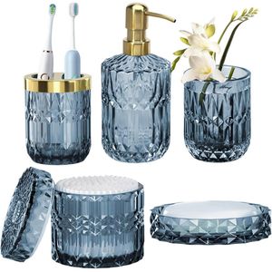 5pcs Glazen Badkamer Accessoires Set - Moderne Transparante Badkamer Set Inclusief Zeepdispenser - Tandborstelhouder - Zeepdish - Glazen Beker - Wattenstaafje Houder (Blauw-5)