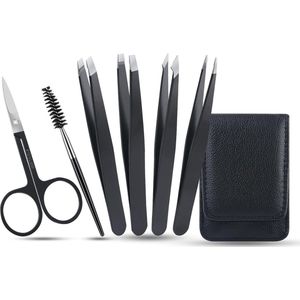 Set wenkbrauwpincetten, 6 stuks Professionele roestvrijstalen precisie-pincet Wenkbrauwschaar Wenkbrauwborstelset met lederen opbergkoffer, voor wenkbrauwen plukken, gezichtshaarverwijderaar