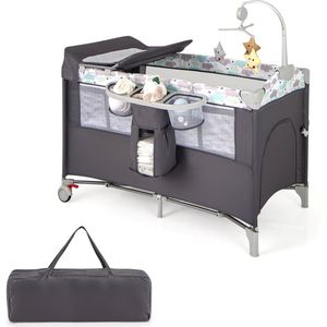 5-in-1 opvouwbare zijwieg, reiswieg met matras, babybed met 2 niveaus met wielen, speelboog en verschoningsmat, wieg met draagtas voor baby tot 3 jaar (grijs