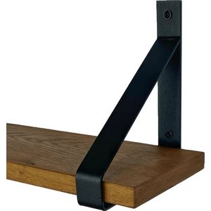 GoudmetHout - Massief eiken wandplank - 180 x 20 cm - Donker Eiken - Inclusief industriële plankdragers MAT ZWART - lange boekenplank