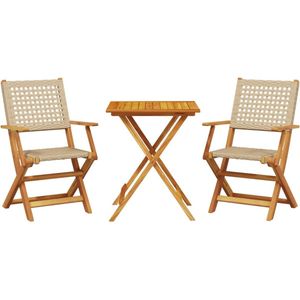 vidaXL Bistroset - 3-delig - Hout & Rattan - Beige Bistro Set - Acacia Hout - Buitentijm - Terras Meubels - Tuinbank - Tuintafel