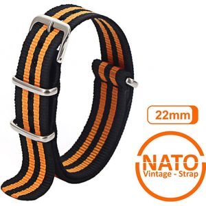 22mm Premium Nato Strap Zwart Oranje - Vintage James Bond - Nato Strap collectie - Mannen - Vrouwen - Horlogeband - 22 mm bandbreedte voor oa. Seiko Rolex Omega Casio en Citizen