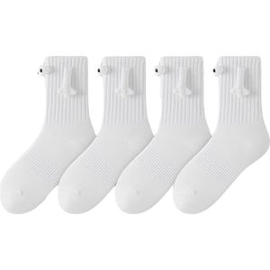 2 stuks hand-in-hand sokken magnetische sokken met middenbuis - zwart-witte 3D poppensokken - antislip veelzijdige sokken - kerst-/verjaardagscadeau (wit)