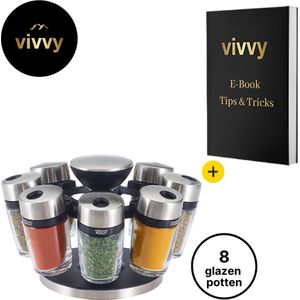 Kruidenrek Draaibaar Complete Set - Kruidencarrousel Draaibaar 360 Graden - Kruidenrek Staand 2 In 1 - 100% Tevredenheidsgarantie - Incl. 8 Kruidenpotjes