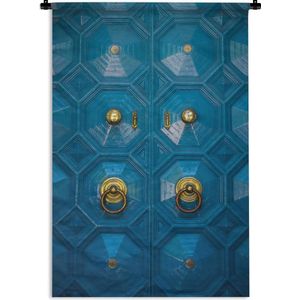 Wandkleed Deur - Blauwe deur met gouden decoratie Wandkleed katoen 60x90 cm - Wandtapijt met foto