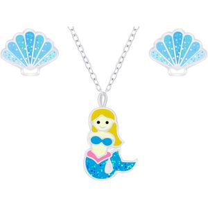 Joy|S - Zilveren zeemeermin hanger met ketting en schelp oorbellen - set voor kinderen