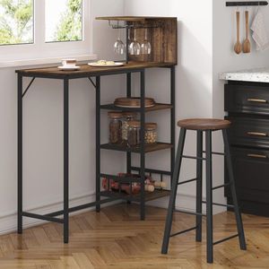 Hoge Bartafel met Wijnrek en Glashouder - Vintage Bruin-Zwart, Statafel met Legplanken voor Keuken en Eetruimte