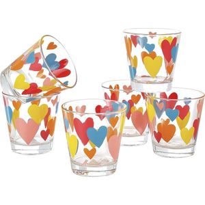 Set van 6 kleurrijke waterglazen, bedrukt, van glas, gemaakt in Italië, inhoud 25 ml, harten