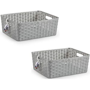 2x Zilveren geweven opbergboxen/opbergdozen/opbergmanden kunststof - 12 liter - opbergen manden/dozen/bakken - opbergers
