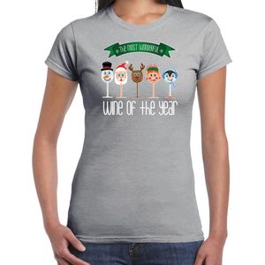 Bellatio Decorations fout kersttrui t-shirt dames - Kerst wijn glazen - grijs - drank/wine XL