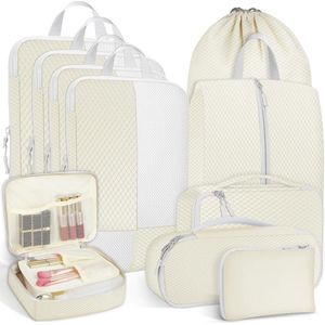 Kofferorganizerset, 10-delige packing cubes voor kleding, packing cubes set met compressie, kofferorganizerset met make-uptasje, reisorganizer voor rugzak en koffer, beige