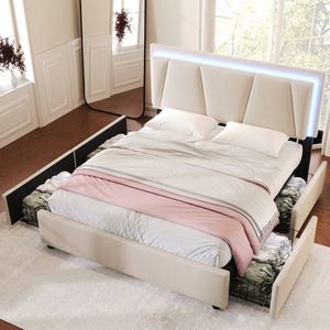 Sweiko Gestoffeerd bed met LED verlichting en 4-laden, in hoogte verstelbaar hoofdeinde, Tweepersoonsbed 140x200cm Opbergbedden Bed frame, Houten lattenbod, Beige (Zonder matras)