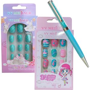 Plaknagels voor Kinderen - 2 x 12 Nepnagels - Gratis Diamant Pen - Geen Lijm Nodig - Strik