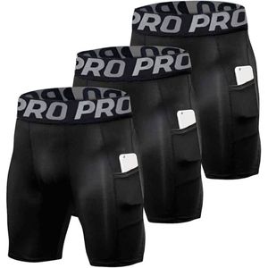 Compressie Shorts Heren 3-Pack Sport Ondergoed – Anti-Chafing, Sneldrogend, Met Telefoonzakken voor Hardlopen en Fietsen