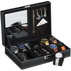 Relaxdays horlogebox voor 8 horloges - zwarte sieradendoos - fluweel - horlogedoos dames
