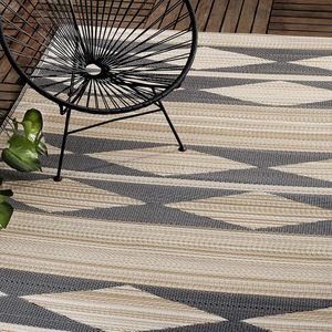 Outdoor tapijt, weerbestendig, kleurecht, omkeerbaar, gerecyclede premium kunststof, geometrisch tribal - terras, balkon, tuin, hal, badkamer, loper Cairo, natuur en zwart, 90 x 150 cm