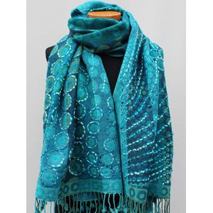 Wollen geborduurde sjaal en omslagdoek Turquoise-Petrol 72 x 185 cm