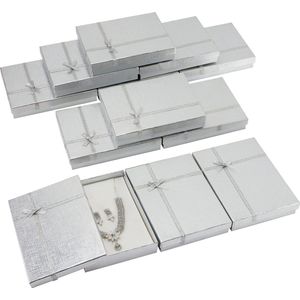 Kurtzy 12 Pak Zilveren Sieraden Display Geschenk Doosjes – L16 x B12 x H3 cm – Kartonnen Verpakkings- Doos met Lint en Strik Voor Oorbellen, Kettingen, Armbanden & Ringen