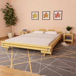The Living Store Bed Bamboe - Natuurlijk Rattan - 221 x 181 x 58 cm - Matras 200 x 160 cm - Inclusief Lattenbodem