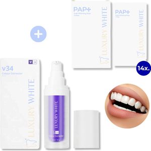 Luxury White - V34 Colour Corrector & Whitening Strips – Smile - Cresting Formula – Tandenbleekset - Witte Tanden – Whitestrips - Tandenbleek Set Pure Ingrediënten - Bleek Strips – Tanden Bleken - Tandpasta