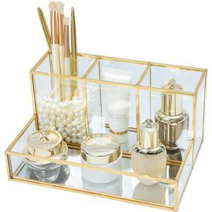 Makeup Cosmetic Organizer - Makeup Brush Holder - Glass - Beauty Organizer Container - Makeup Storage - Gold