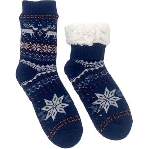 Merino Wollen Sokken Heren - Blauw met Rendier - Maat 43/46 - Huissokken - Anti slip sokken - Warme sokken - Winter sokken