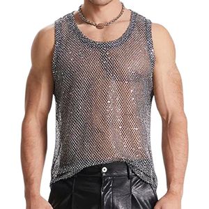Zilveren Mesh Tanktop voor Heren – Glanzende Party Top met Pailletten