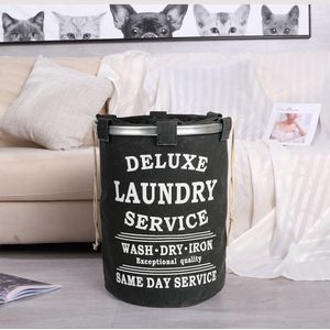 Decopatent® Wasmand 50L - Rond - Tekst Deluxe Laundry Service -> Same Day Service- Badkamer - Wasmand afsluitbaar - Waszak - Zwart