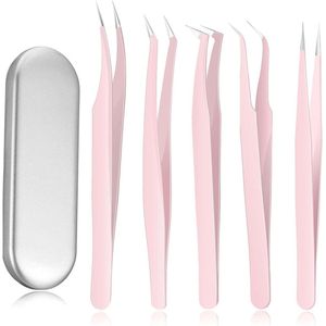 5pcs Tweezers voor Eyelash Extensions - Eyelash Tweezers Sets met Box - Volume Tweezers - RVS Eyelash Tweezers - Curved Tweezers voor False Eyelash Applicatie (Pink)