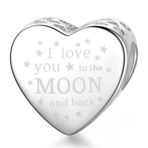 Zilveren Bedel I love you to the moon and back | Liefde | Hart || Sterling zilver 925 | Bedelarmband | Sieraden | Moederdag Cadeau | Past op de 3 Millimeter - Standaard Armband | Romystones
