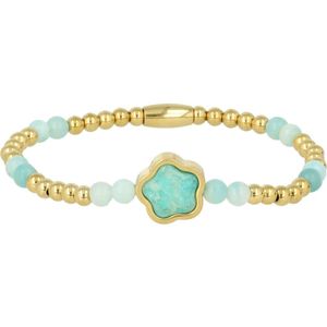 My Bendel Damesarmband bloemdesign goudkleurig Amazonite - Goudkleurige kralenarmband met bloemenbedel van Amazonite - Met luxe cadeauverpakking