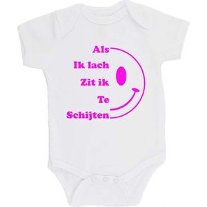 100% katoenen Romper bedrukt met grappige tekst Kado Cadeau Kraamkado Kraamcadeau ""Als ik Lach Zit ik Te Schijten"" Unisex Katoen Wit/fluor pink Maat 68/74