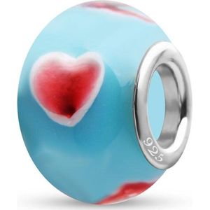 Quiges - 925 - Sterling - zilver - Glazen - Kraal - Bedels - Beads - Baby Blauw met Roze Hartjes - Past op je Pandora armband GZ200