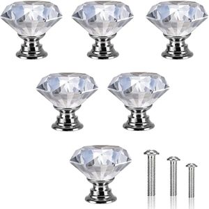 6 stuks meubelknoppen, kristallen ladeknoppen, moderne mode commodeknoppen, kristalheldere deurknop, 30 mm zinklegering kristalglas handgrepen, met schroeven in 3 maten (zilver)