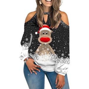 TheLau - Dames sweatshirt Kerstmis schouders lange mouwen kerstboom print