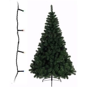 Groene kunst kerstboom 210 cm inclusief gekleurde kerstverlichting - Kunstbomen/kunst kerstbomen
