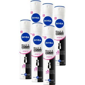 NIVEA Invisible For Black & White Clear Anti-Transpirant Deodorant Spray - Original - Geen witte of gele vlekken - 72 uur bescherming - Antibacterieel - 6 x 200 ml - Voordeelverpakking