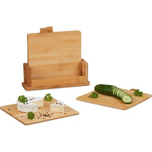 Relaxdays snijplank bamboe met houder - set van 4 - keukenplank - motieven - ontbijtplank