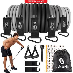 ASHBRIT® - Resistance Band 11 Delige Set - Exclusieve Luxe Uitvoering in Grijs Gradient - Fitness Elastiek - Weerstandsbanden - Handvaten - Enkelbanden - Draagtas