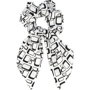 Haarsoires Haarelastiek Scrunchie – Grafische Print – 14cm Linten – Gladde Stof – Zwart Wit - Haarkrinkel - Haar Elastiek met Stof - Zacht & Haarvriendelijk