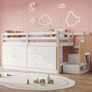 Sweiko Hoogslaper - 90*200cm - met 3 laden + 2 kleerkasten - MDF + massief hout - zonder matras - wit