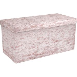 Intirilife Opvouwbare bank 76x38x38 cm in fluweel rosé - zitkubus met opbergruimte en deksel met fluwelen hoes - zitkubus voetensteun opbergkist zitkruk