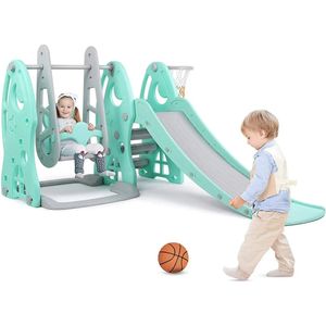 Kids - Schommel - Glijbaan Set - Basketbal Hoepel - Muziekspeler - Kids Fun - Slide Set - Voor Binnen En Buiten - Speeltuin - Spelen - Set - Turquoise