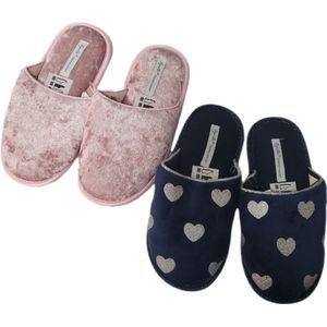 Meisjes Instap Pantoffels - Sloffen - Set van 2 Paar - Merk Apollo - Rubberen Profiel zool - Anti slip - Kleur Lichtroze, Marineblauw, Zilver - Maat 31/32