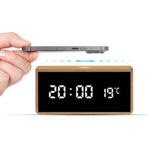 FlinQ Bamboe Draadloze QI Wekker - Digitale wekker - Draadloze oplader iPhone - Wireless Charger - Thermometer - Bamboe