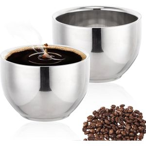 Espressokopjes van roestvrij staal, 50 ml, dikwandig, dubbelwandig, warmte-isolerend, onbreekbaar, herbruikbaar, drinkbeker, theekop voor thuis, feest of camping, 2 stuks